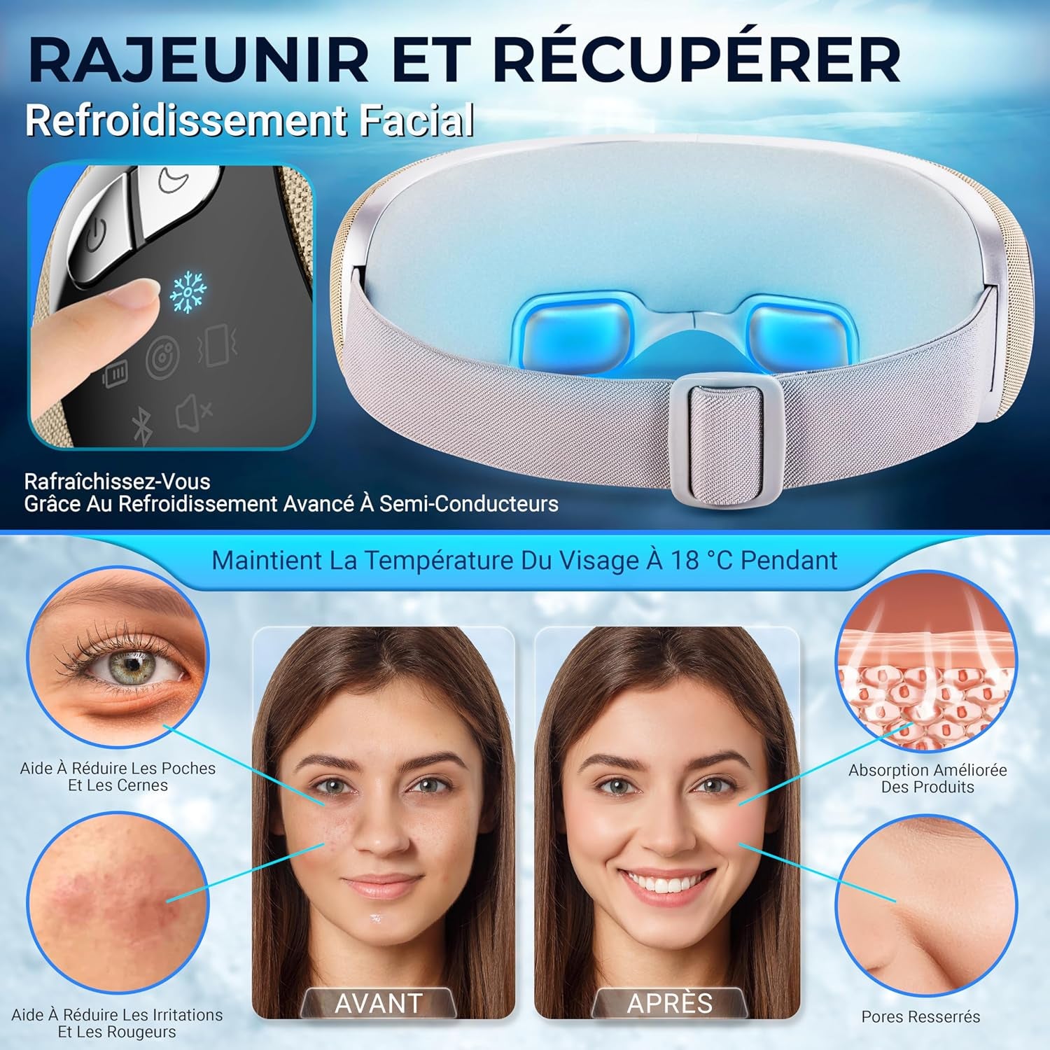Masque Chauffant Yeux – Masseur Oculaire Intelligent Avec Chaleur, Refroidissement, Compression D’Air, Vibration, Bluetooth, 5 Modes, Masseur De Tête Sans Fil, Pliable, Cadeau Femme Homme