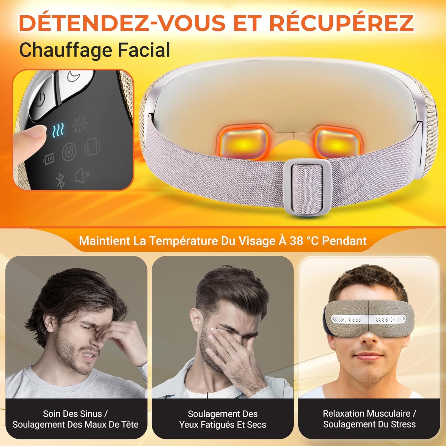 Masque Chauffant Yeux – Masseur Oculaire Intelligent Avec Chaleur, Refroidissement, Compression D’Air, Vibration, Bluetooth, 5 Modes, Masseur De Tête Sans Fil, Pliable, Cadeau Femme Homme
