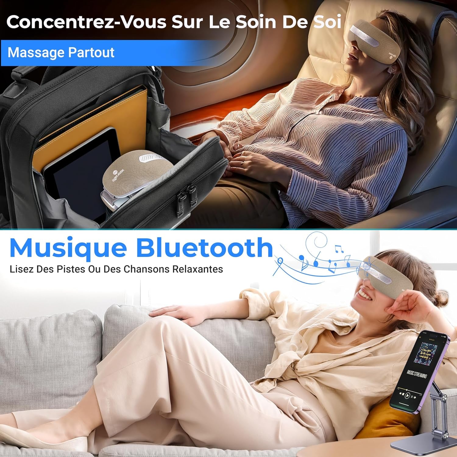 Masque Chauffant Yeux – Masseur Oculaire Intelligent Avec Chaleur, Refroidissement, Compression D’Air, Vibration, Bluetooth, 5 Modes, Masseur De Tête Sans Fil, Pliable, Cadeau Femme Homme
