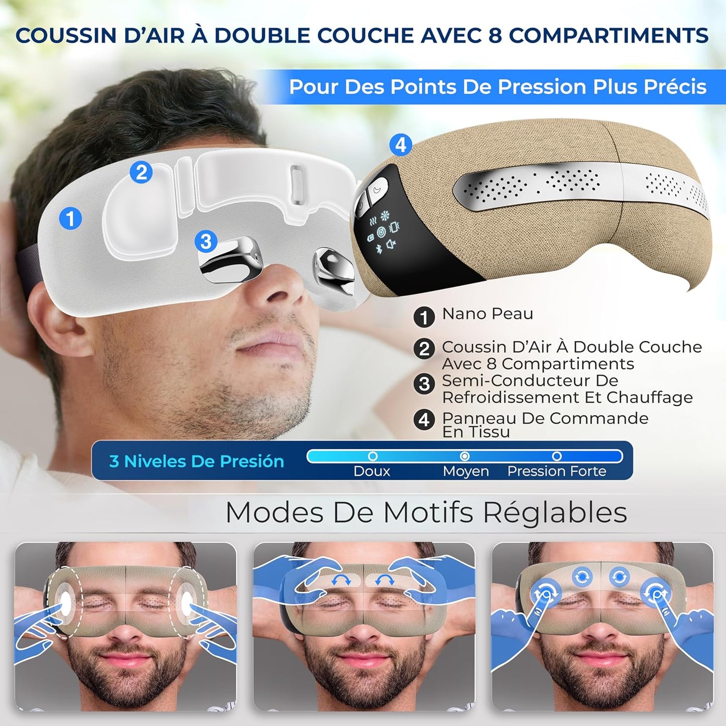 Masque Chauffant Yeux – Masseur Oculaire Intelligent Avec Chaleur, Refroidissement, Compression D’Air, Vibration, Bluetooth, 5 Modes, Masseur De Tête Sans Fil, Pliable, Cadeau Femme Homme