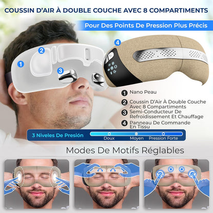 Masque Chauffant Yeux – Masseur Oculaire Intelligent Avec Chaleur, Refroidissement, Compression D’Air, Vibration, Bluetooth, 5 Modes, Masseur De Tête Sans Fil, Pliable, Cadeau Femme Homme