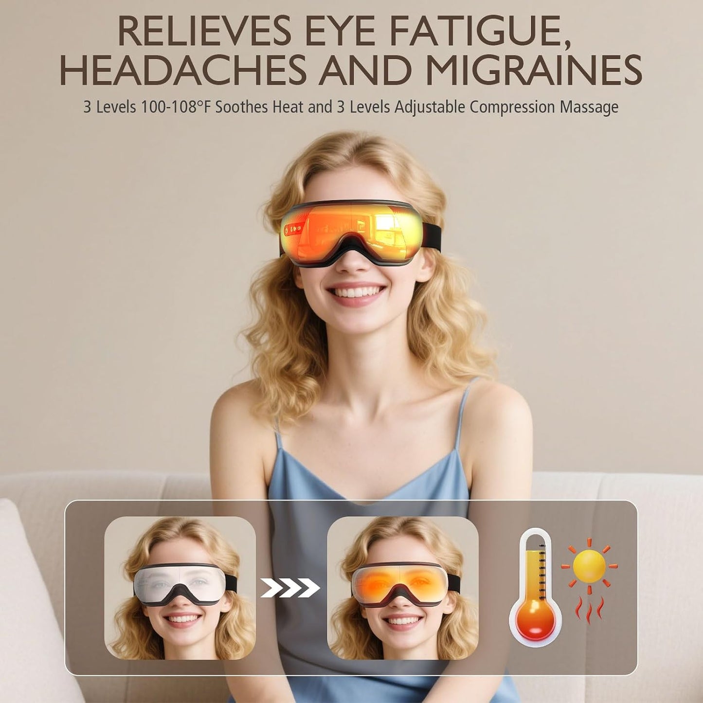 Masseur Oculaire Avec Chaleur & Bluetooth, Masque Des Yeux Chauffant Pour Fatigue Oculaire, Idée Cadeau Fête Des Pères, Cadeaux Homme, Papa, Noir